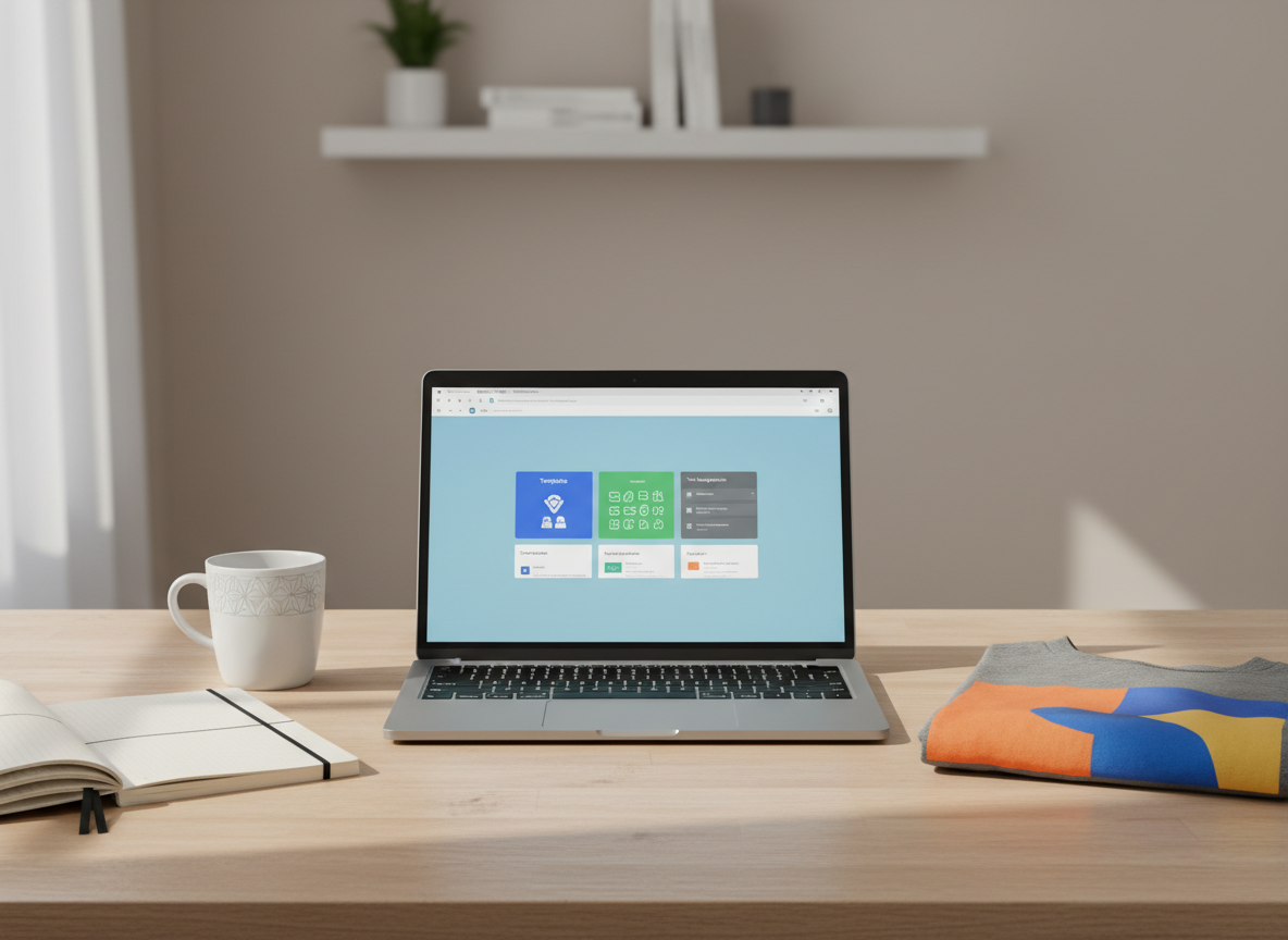 A sleek, modern digital workspace featuring a thin, silver laptop open on a light oak desk, its screen displaying a clean dashboard of digital product tiles, including templates, icons, and tool interfaces. Surrounding the laptop are neatly arranged physical mockups of print-on-demand merchandise: a matte white mug with a subtle geometric pattern, a soft-cover notebook with a minimalist grid design, and a folded t-shirt showing a bold abstract graphic. Soft daylight from an unseen window washes across the scene, creating gentle reflections on the laptop and a calm, professional atmosphere. Shot at eye level with a shallow depth of field, the background fades into a softly blurred neutral wall and shelving, emphasizing the products. The style is photographic realism with a clean, contemporary aesthetic suitable for a digital commerce brand homepage hero image.