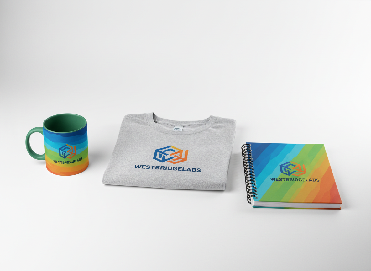 A bright, inviting studio scene featuring a trio of custom print-on-demand products arranged on a seamless white backdrop: a neatly folded heather-grey t-shirt with a crisp, abstract logo centered, a matte ceramic mug with a matching pattern wrapped around it, and a spiral-bound planner with a soft-touch cover in coordinating colors. Gentle, even studio lighting from both sides eliminates harsh shadows and highlights the textures of fabric, ceramic, and paper. A subtle gradient in the white background adds depth without distraction. Shot from a slightly elevated, three-quarter angle, all items are in sharp focus, with generous negative space around them for clean layout use. The mood is polished and aspirational, rendered in photographic realism to communicate quality and consistency of WestbridgeLabs’ branded merchandise.