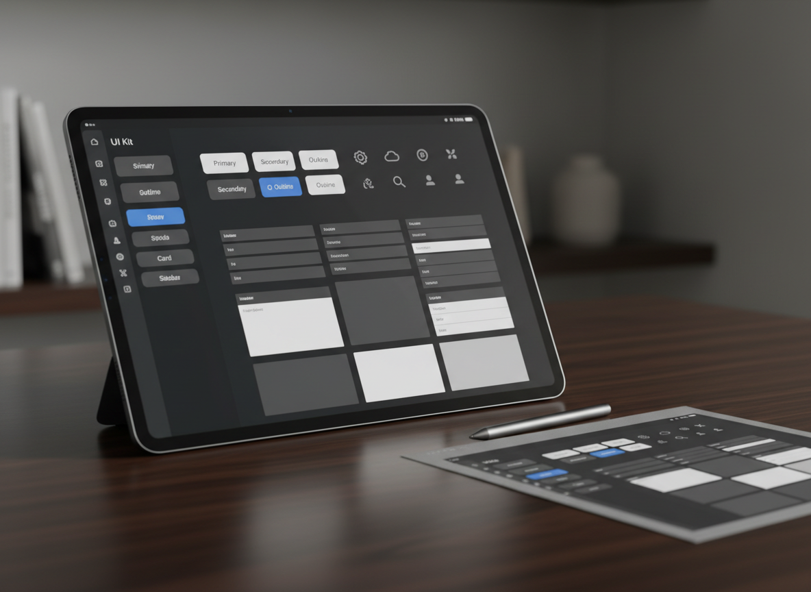 A close-up, eye-level shot of a high-resolution tablet resting on a dark walnut desk, its screen showing a detailed UI kit with buttons, icons, and layout blocks in a refined, monochrome palette accented by a single brand color. Next to the tablet, a slim, metallic stylus lies precisely aligned, and a printed, slightly textured reference sheet of the same components peeks into frame. Soft, directional studio lighting from the left creates subtle highlights on the tablet edges and gentle shadows that emphasize depth and material quality. The background is softly blurred, hinting at a minimalist workspace with shelves and neutral decor. The mood is focused and meticulous, with photographic realism and a professional, product-centric aesthetic ideal for showcasing premium digital tools for creators.