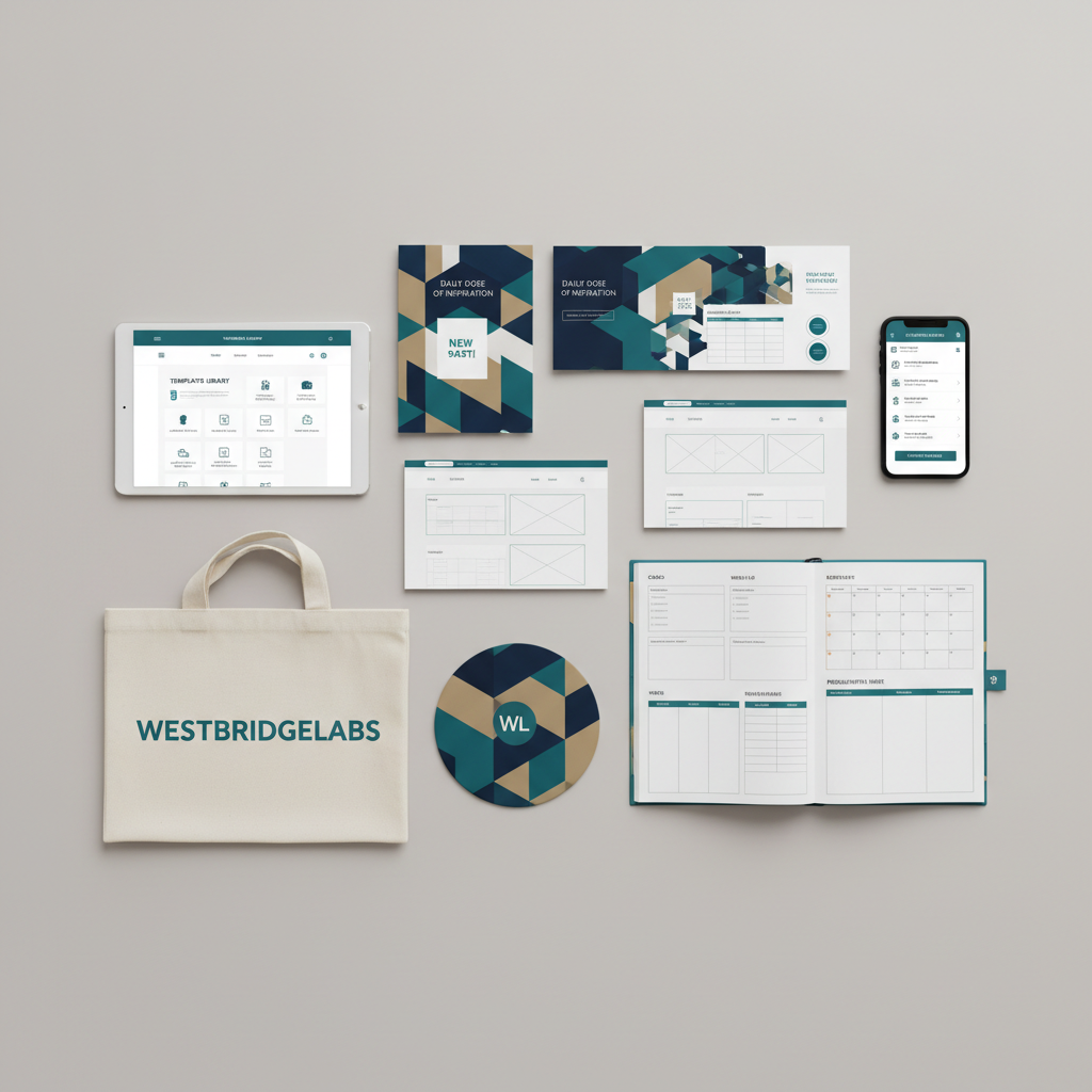 An overhead, flat-lay composition of premium digital products arranged on a smooth, neutral grey surface: printed mockups of social media templates, website wireframes, and productivity planners, each with crisp typography and subtle accent colors like deep navy, teal, and soft gold. Alongside them lie a tablet displaying a neatly organized template library, a phone showing an ecommerce checkout screen, and a couple of sample merch items including a canvas tote and a mouse pad with matching branding. Soft diffused studio lighting eliminates harsh shadows, creating a balanced, polished look. The mood is organized and professional, conveying efficiency and clarity. Photographic realism with sharp focus throughout ensures every detail is legible, perfect for illustrating the range of WestbridgeLabs’ digital offerings in a clean, modern layout.