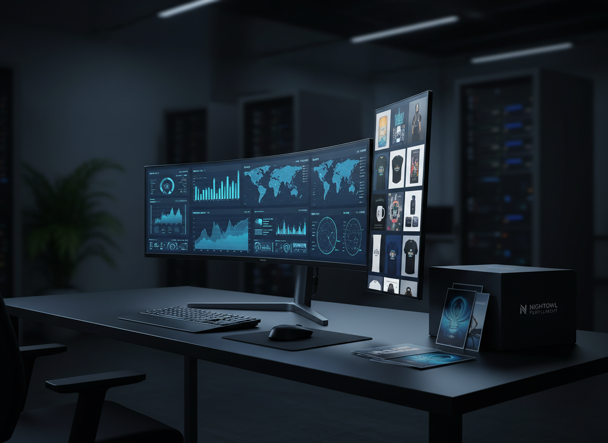 A nighttime digital commerce command center composed of a large, ultra-wide monitor and a secondary vertical display on a matte black desk, both screens filled with dashboards: sales analytics charts, product performance graphs, and a visual grid of digital downloads and merch items. The environment is a dimly lit office with the screens casting a cool, ambient glow across the desk surface, reflecting subtly off a brushed metal keyboard and trackpad. A few printed product cards and a sleek, branded shipping box sit to one side, tying the digital and physical together. Shot from a slightly low, three-quarter angle to make the displays feel immersive, with shallow depth of field softening the distant background. The mood is sophisticated and data-driven, rendered in high-contrast photographic realism, ideal for illustrating the strategic side of digital commerce.